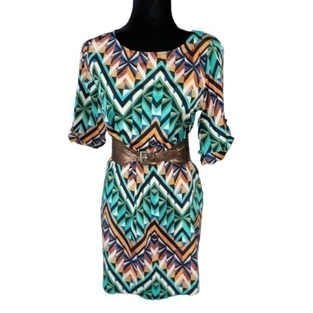 Moonlight Fall Jade Green, Black, Rustic Orange, Brown Chevron Print Dress Sz S